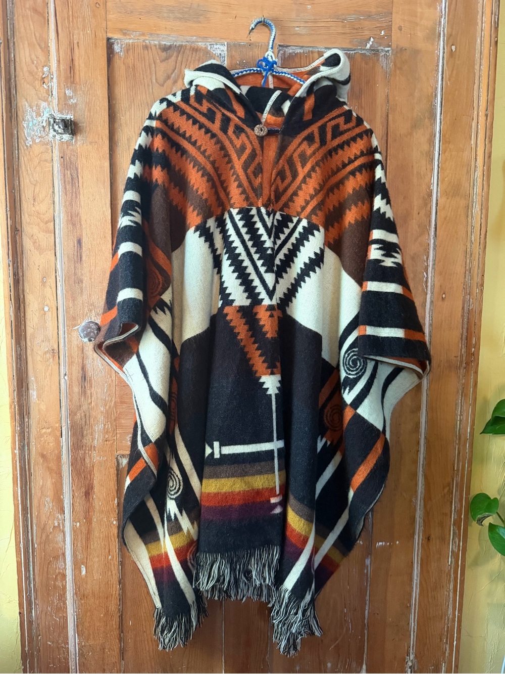 Boho Hooded Poncho Cape in Black, Cream & Rust